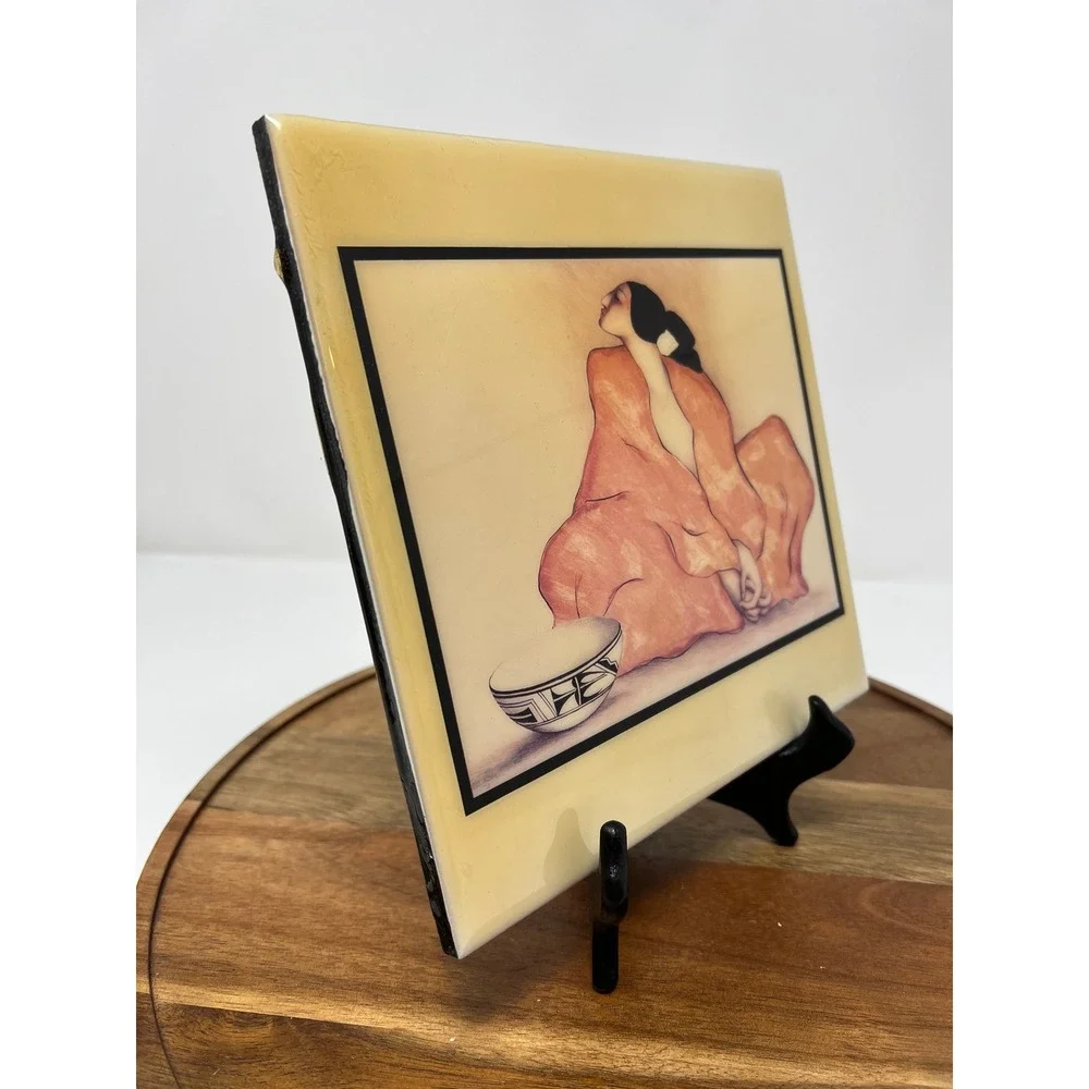 Native American Style Art Ceramic Tile Featuring Two Women Sitting‎ with Bowl